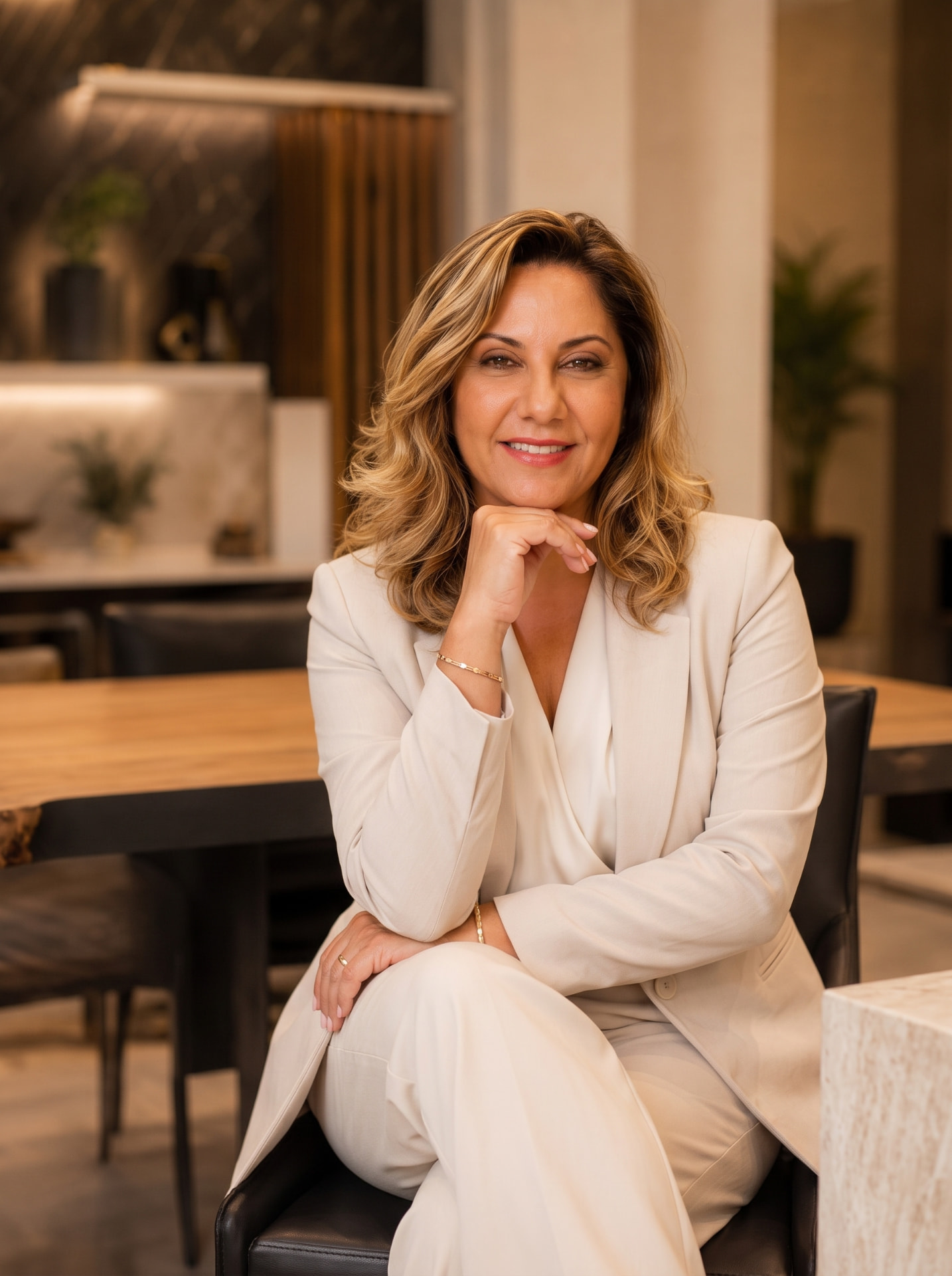Francielle Colla sentada em showroom de móveis planejados com iluminação quente