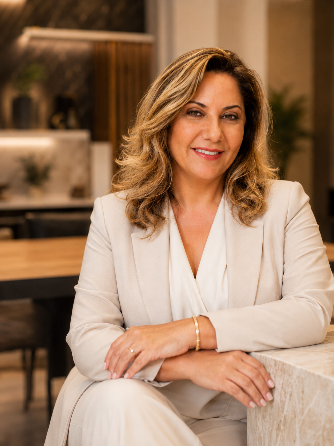 Francielle Colla, fundadora da A Porta Amarela, em showroom de móveis planejados